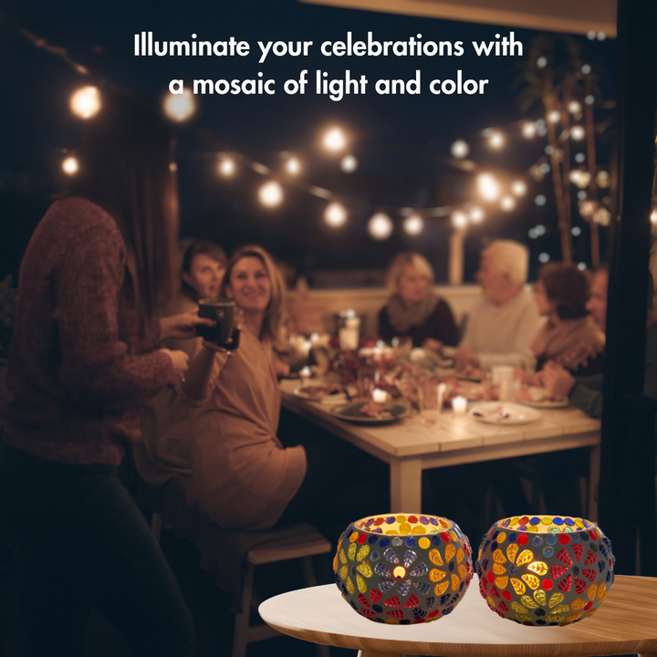 Glass Mosaic Tea Light Candle Holder (Multicolour)(Pack of 2)