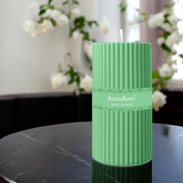 White Jasmine Ribbed Pillar Candle