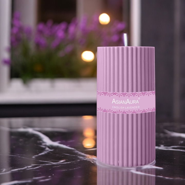 English Lavender Ribbed Pillar Candle