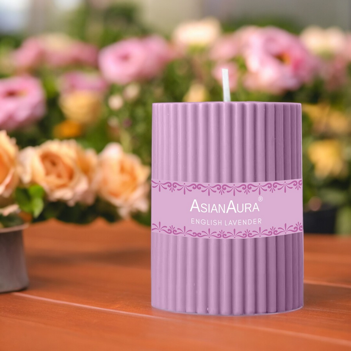 English Lavender Ribbed Pillar Candle