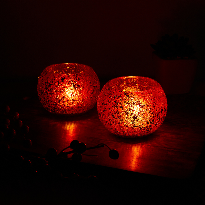 Glass Mosaic Tea Light Candle Holder (Red)(Pack of 2)