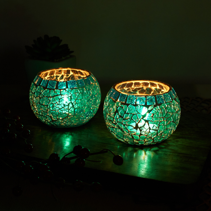 Glass Mosaic Tea Light Candle Holder (Turquoise)(Pack of 2)