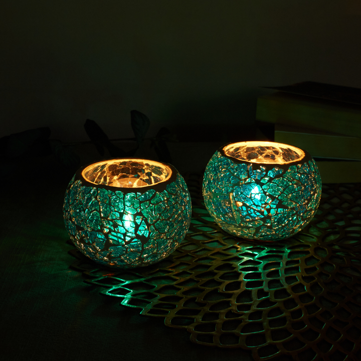 Glass Mosaic Tea Light Candle Holder (Blue) (Pack of 2)