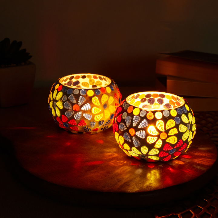 Glass Mosaic Tea Light Candle Holder (Multicolour)(Pack of 2)