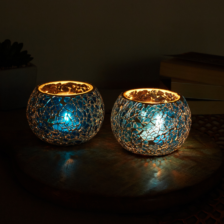 Glass Mosaic Tea Light Candle Holder (Dark Blue)(Pack of 2)