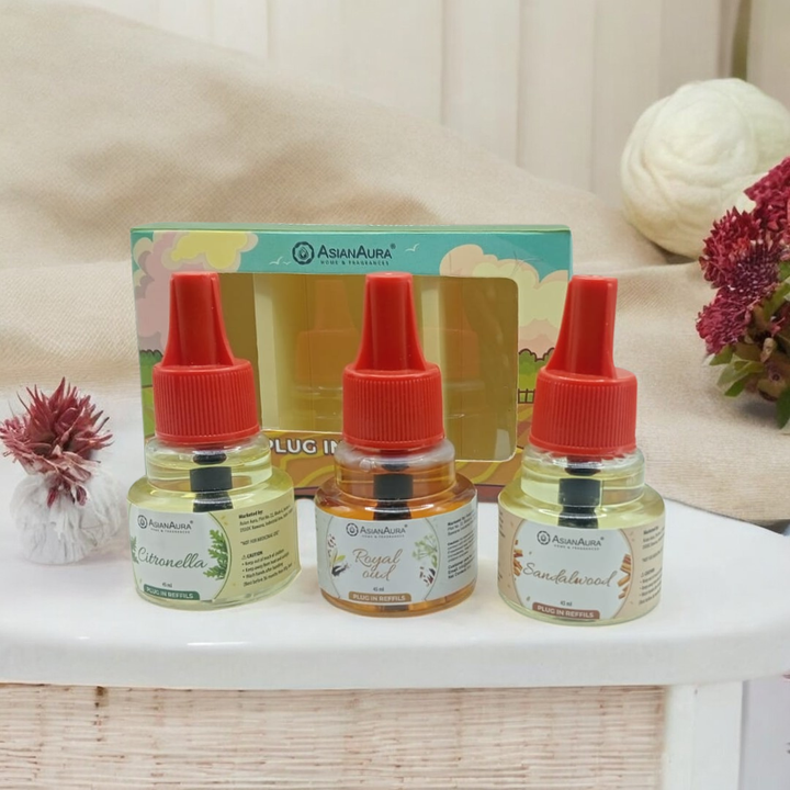 Scented plugin Refill Combo pack of 3, Sandalwood, Royal Oud, Citronella Fragrances