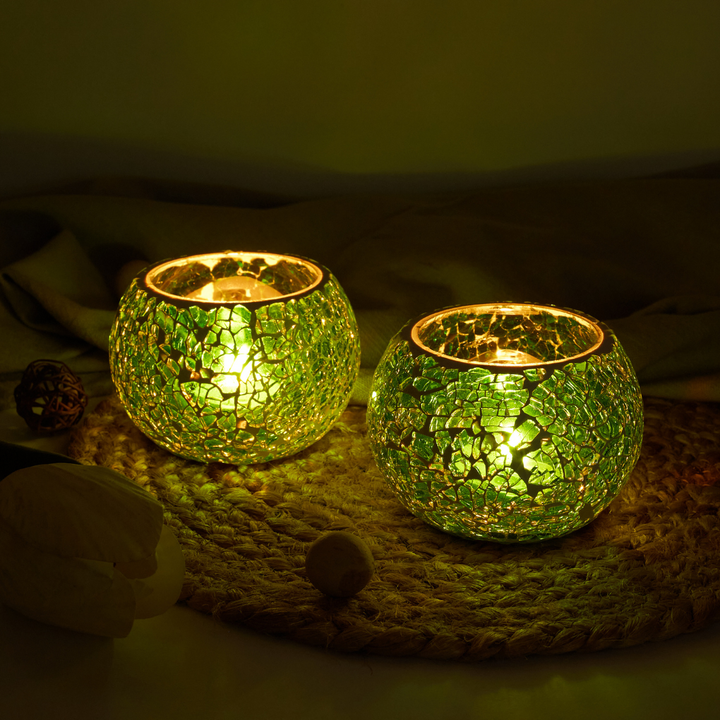 Glass Mosaic Tea Light Candle Holder (Dark Green)(Pack of 2)