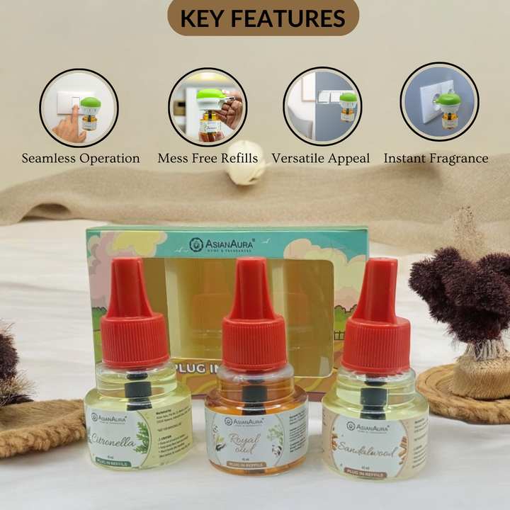 Scented plugin Refill Combo pack of 3, Sandalwood, Royal Oud, Citronella Fragrances
