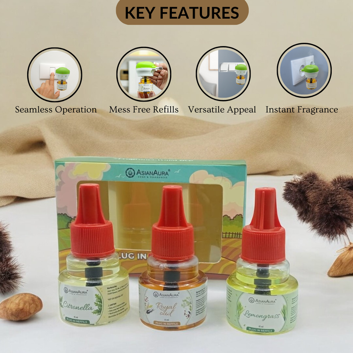 Scented plugin Refill Combo pack of 3, Lemongrass, Royal Oud, Citronella Fragrances
