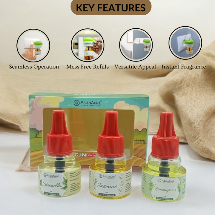 Scented plugin Refill Combo pack of 3, Lemongrass, Jasmine, Citronella Fragrances