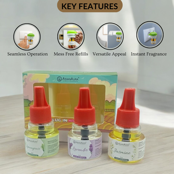 Scented plugin Refill Combo pack of 3, Lavender, Lemongrass, Jasmine Fragrances