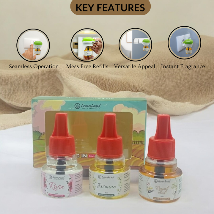 Scented plugin Refill Combo pack of 3, Rose, Jasmine, Royal Oud Fragrances