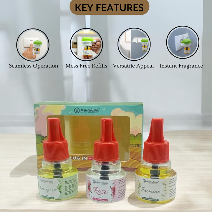 Scented plugin Refill Combo pack of 3, Rose, Lemongrass, Jasmine Fragrances