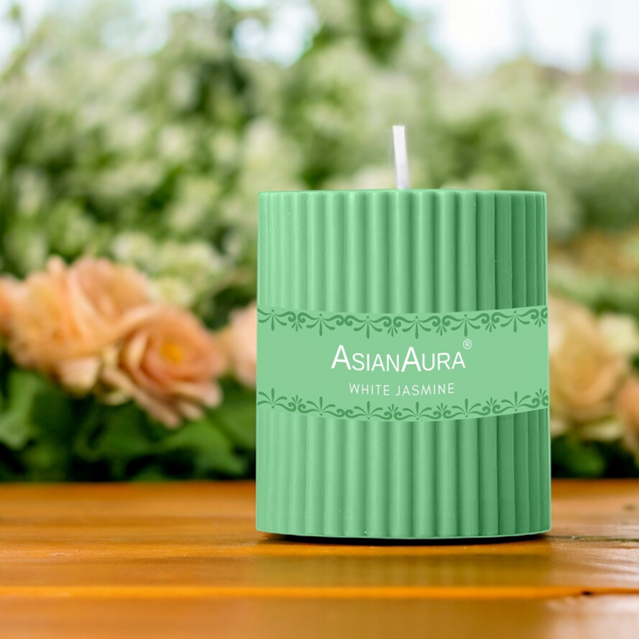 White Jasmine Ribbed Pillar Candle