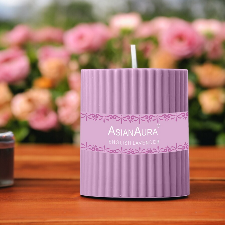 English Lavender Ribbed Pillar Candle