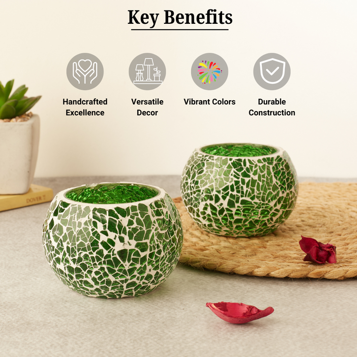 Glass Mosaic Tea Light Candle Holder (Dark Green)(Pack of 2)