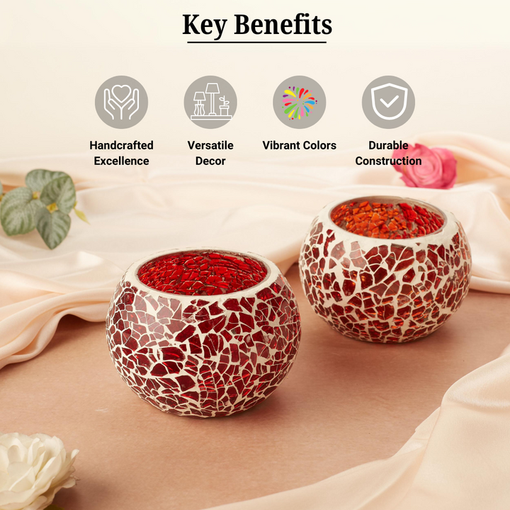 Glass Mosaic Tea Light Candle Holder (Red)(Pack of 2)