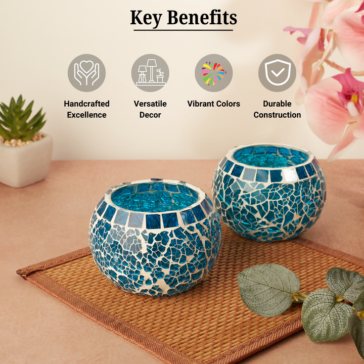 Glass Mosaic Tea Light Candle Holder (Turquoise)(Pack of 2)