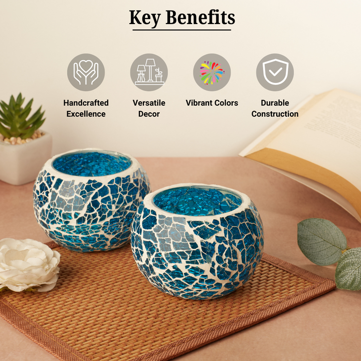 Glass Mosaic Tea Light Candle Holder (Blue) (Pack of 2)