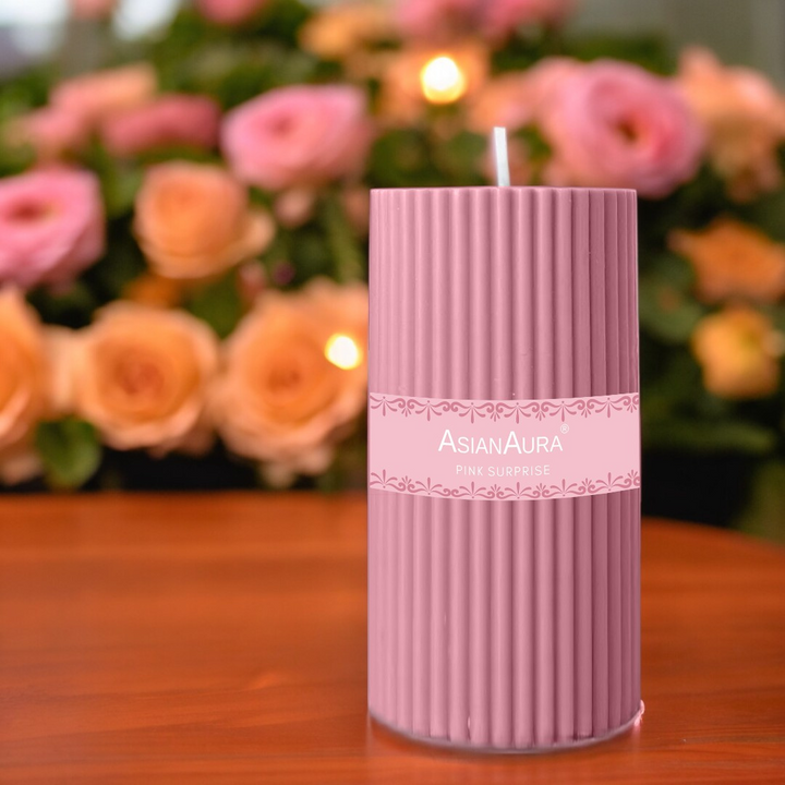 Pink Surprise Ribbed Pillar Candle