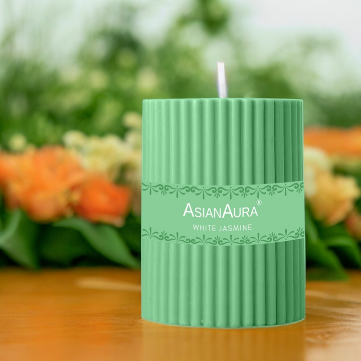 White Jasmine Ribbed Pillar Candle