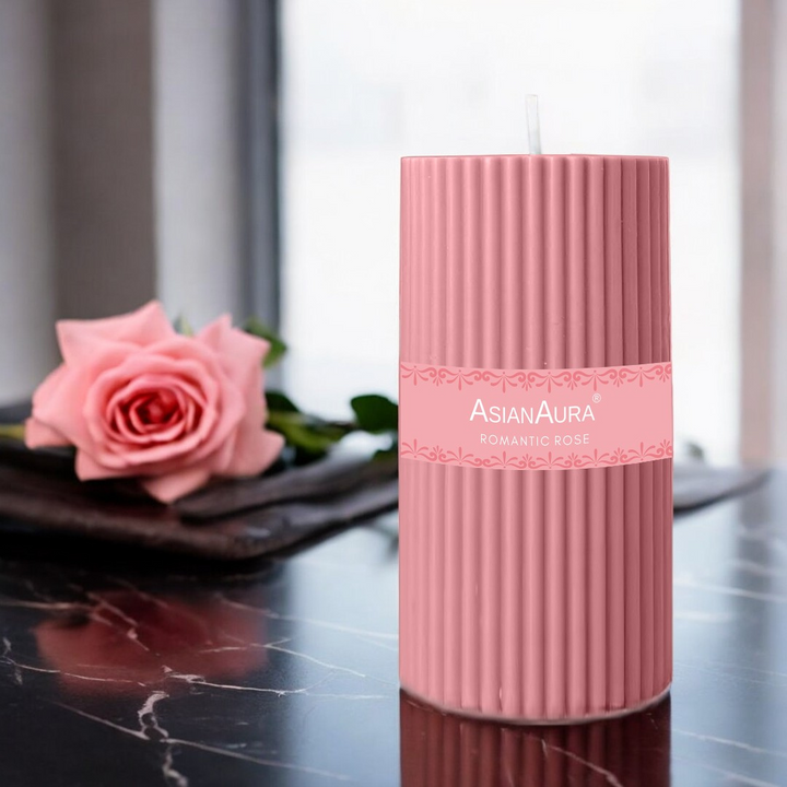 Romantic Rose Ribbed Pillar Candle