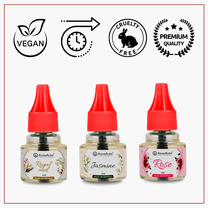 Scented plugin Refill Combo pack of 3, Rose, Jasmine, Royal Oud Fragrances