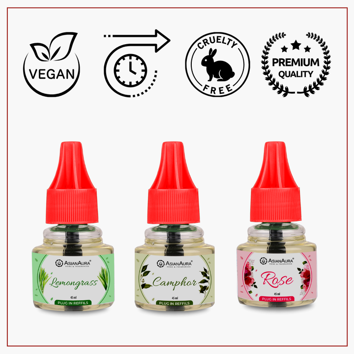 Scented plugin Refill Combo pack of 3, Lemongrass, Rose, Camphor Fragrances
