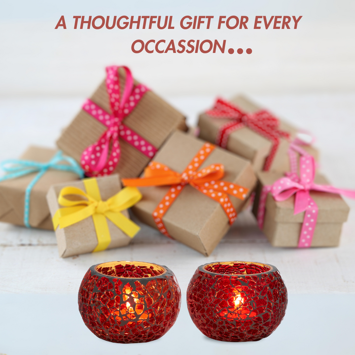 Glass Mosaic Tea Light Candle Holder (Red)(Pack of 2)