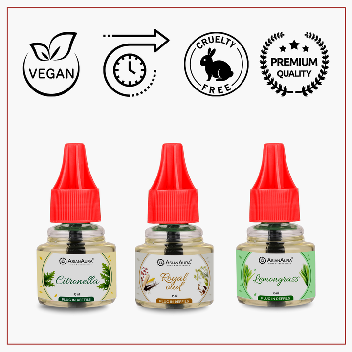Scented plugin Refill Combo pack of 3, Lemongrass, Royal Oud, Citronella Fragrances