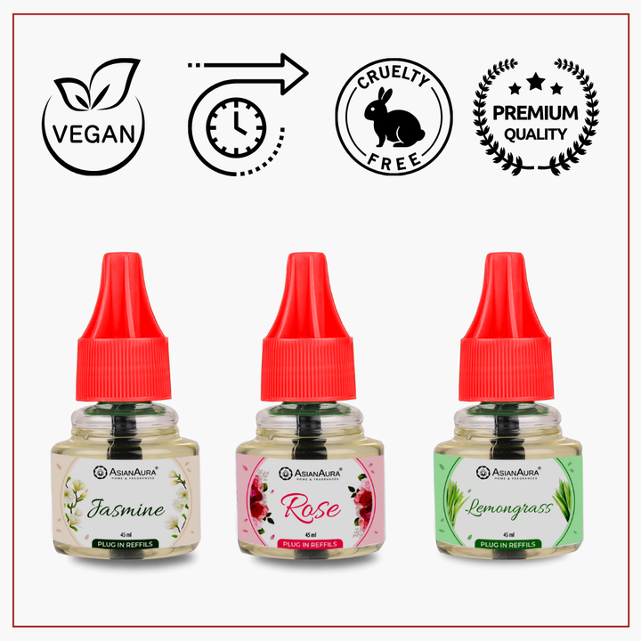 Scented plugin Refill Combo pack of 3, Rose, Lemongrass, Jasmine Fragrances