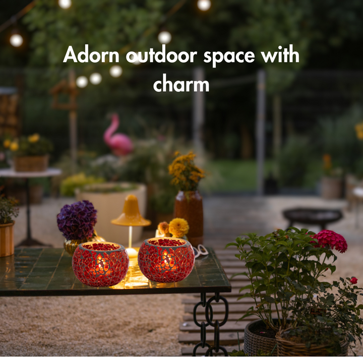 Glass Mosaic Tea Light Candle Holder (Red)(Pack of 2)