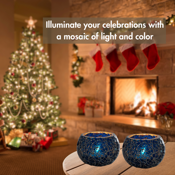 Glass Mosaic Tea Light Candle Holder (Dark Blue)(Pack of 2)