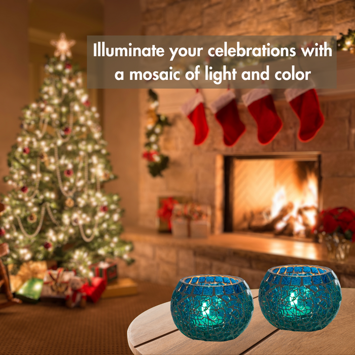 Glass Mosaic Tea Light Candle Holder (Turquoise)(Pack of 2)