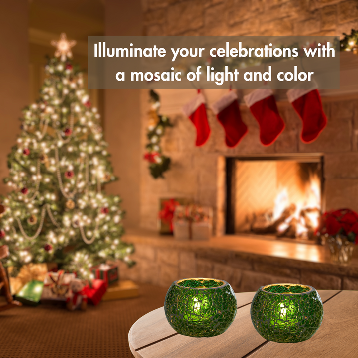Glass Mosaic Tea Light Candle Holder (Dark Green)(Pack of 2)