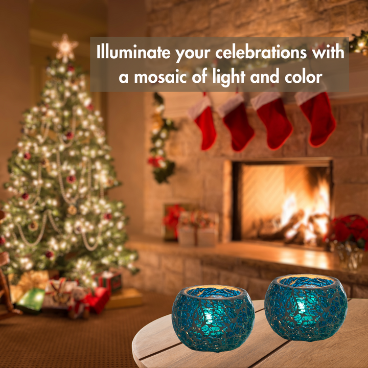 Glass Mosaic Tea Light Candle Holder (Blue) (Pack of 2)