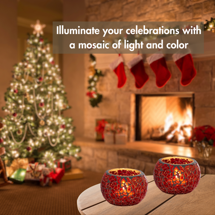 Glass Mosaic Tea Light Candle Holder (Red)(Pack of 2)