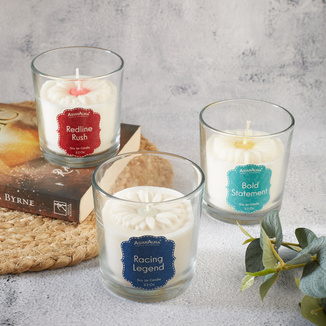 Glass Jar Candle with Flower (Pack of 3)