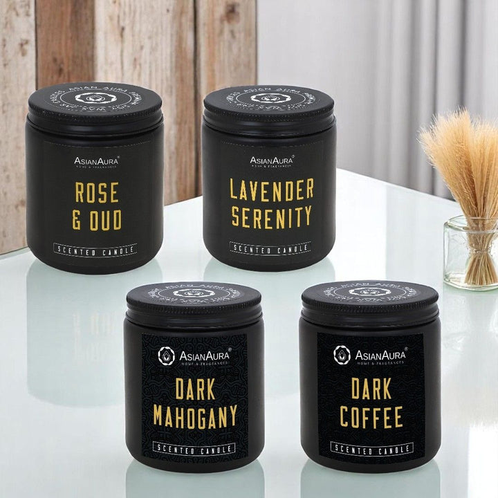Black Screw Jar Candle(Pack of 4)- Dark coffee, Lavender Serenity, Dark Mahogany, Rose & Oud