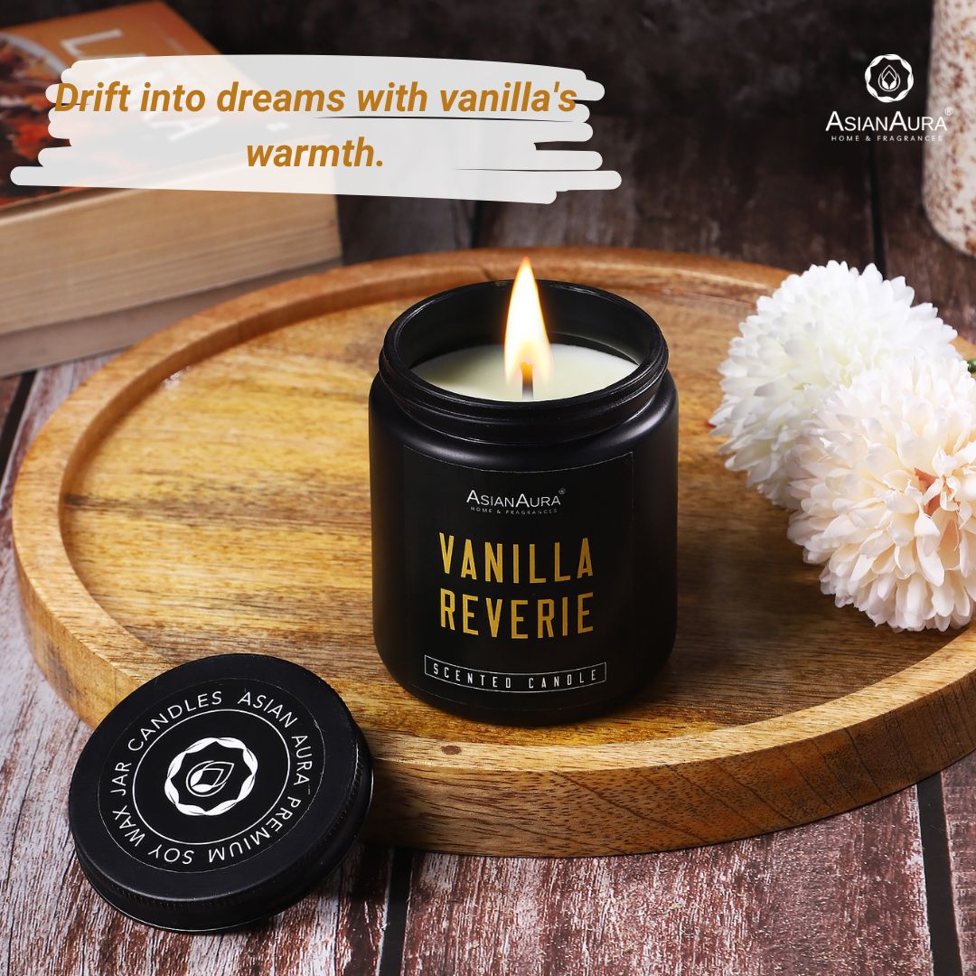 Black Screw Jar Candle(Pack of 4)- Dark coffee, Lavender Serenity, Vanilla Reverie, Rose & Oud