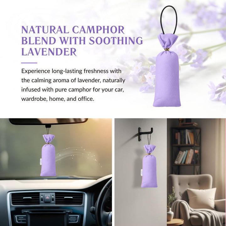 Lavender Camphor Air Freshener Pouch | Long-Lasting Camphor Fragrance for Car, Wardrobe, Office, Drawers, Travel Bag & Bathroom | Odour Control & Home Freshener | 1 Pouch