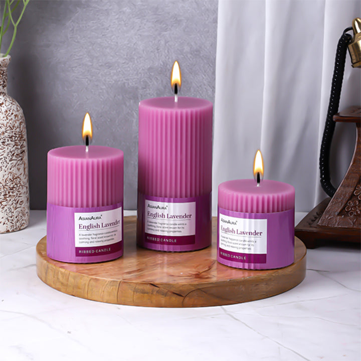 Ribbed Pillar Candle (Pack of 3) - English Lavender
