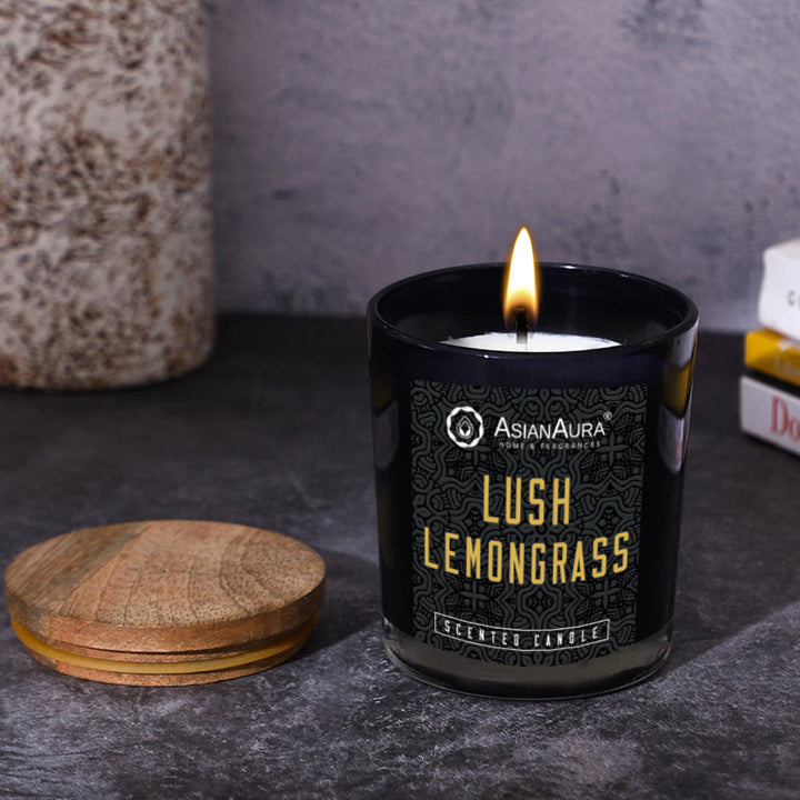 Black Jar Candle with Wooden Lid  - Lush Lemongrass