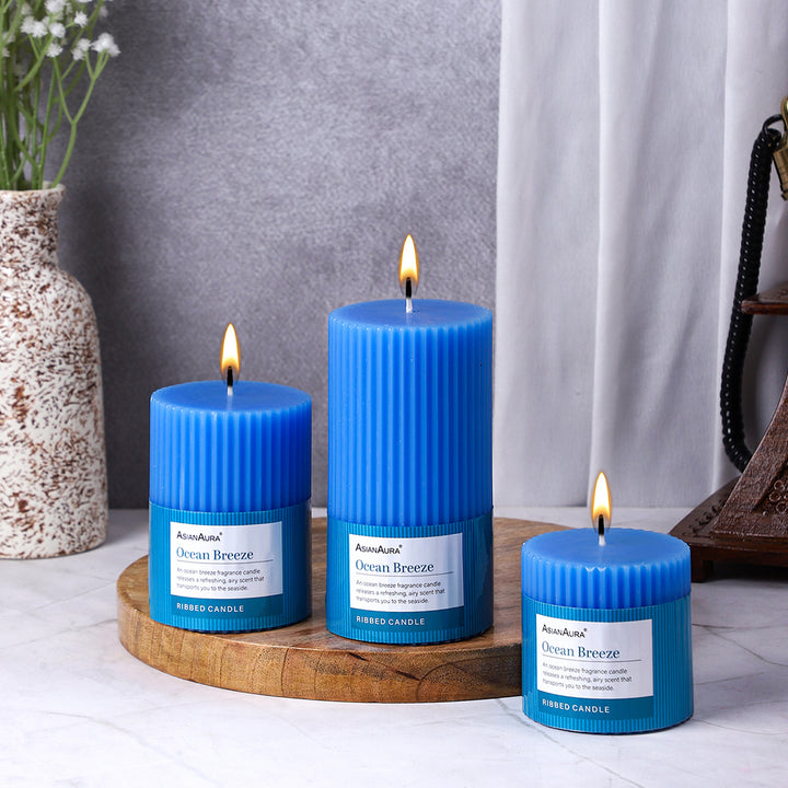 Ribbed Pillar Candle (Pack of 3) - Ocean Breeze