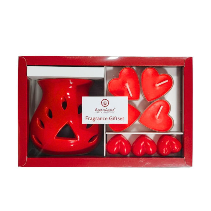 Asian Aura Fragrance Gift Set, Red Ceramic Oil Burner with Heart Shaped Candles, Valentine Theme, Oil Diffuser, Home Aromatherapy Decor