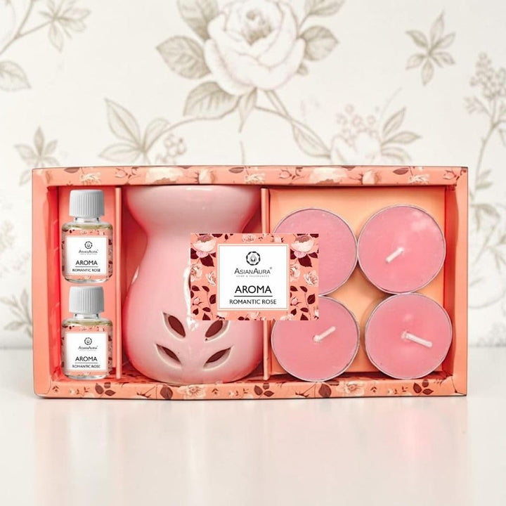 Asian Aura Aroma Gift Set with Ceramic Oil Diffuser, 2 Aroma Oils & 4 T-Light Candles | Aromatherapy Home Fragrance for Spa, Bedroom & Office | Diwali & Occasion Gifts (Romantic Rose)