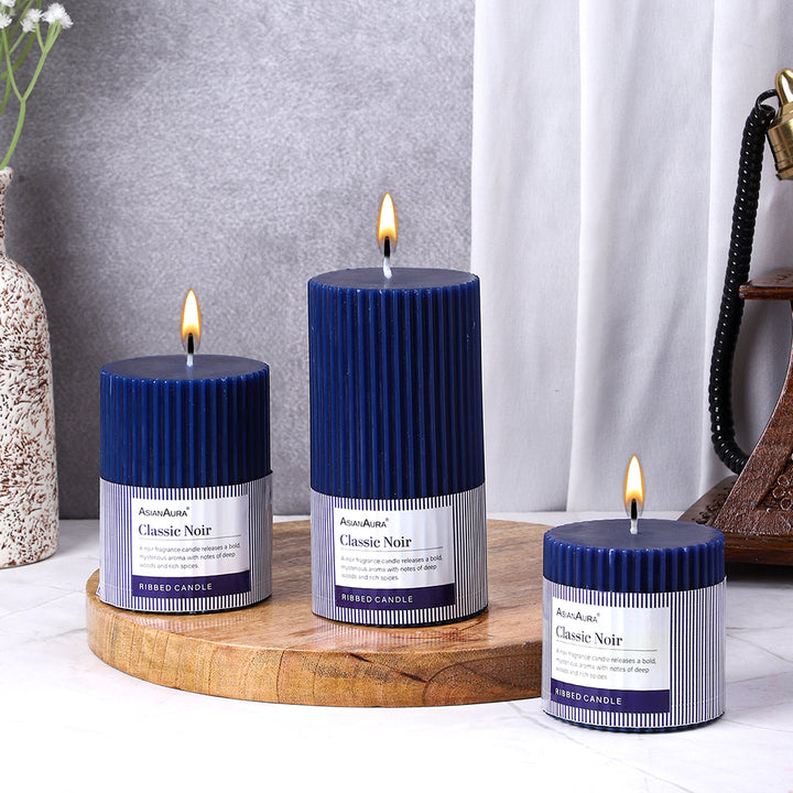 Ribbed Pillar Candle (Pack of 3) - Classic Noir