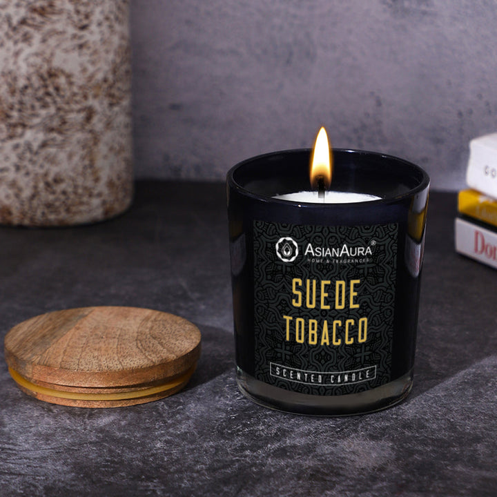 Black Jar Candle with Wooden Lid  - Suede Tobacco