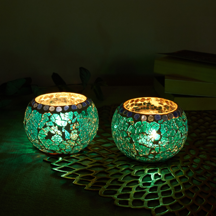 Glass Mosaic Tea Light Candle Holder (Turquoise)(Pack of 2)