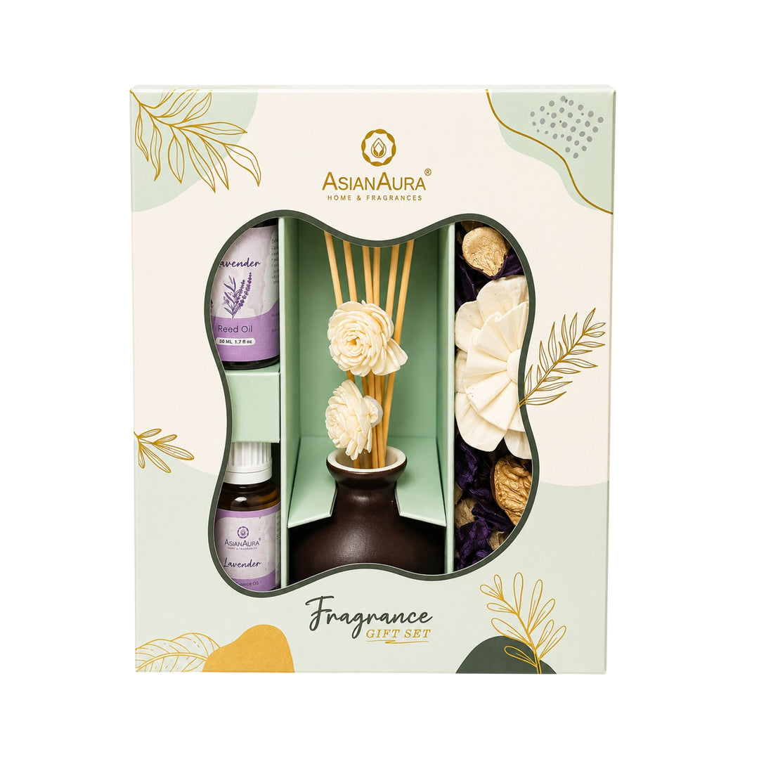 Asian Aura Lavender Reed Diffuser Gift Set with Ceramic Pot, Potpourri & Aroma Oil